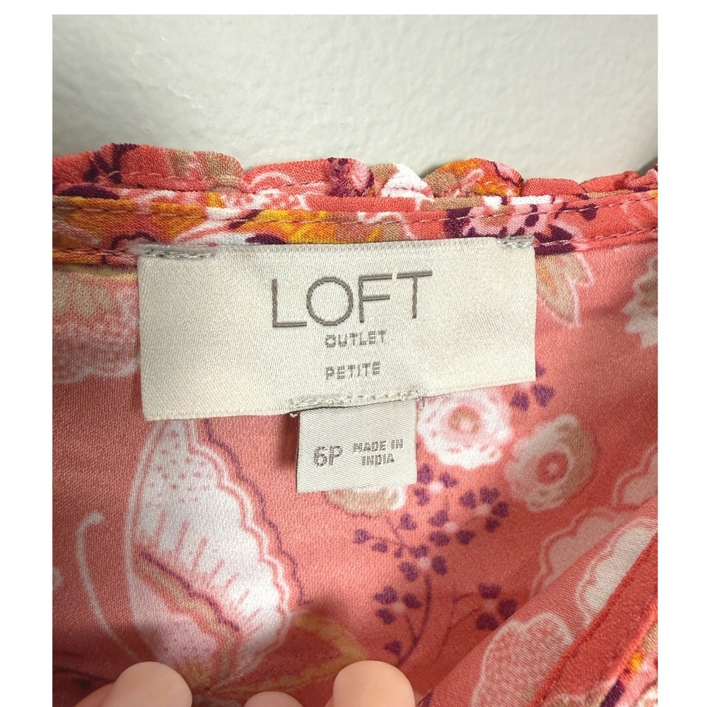 Loft Outlet 6 Petite Midi Sun Dress Coral Pink Butterfly Floral Ruffle Garden - Picture 4 of 9